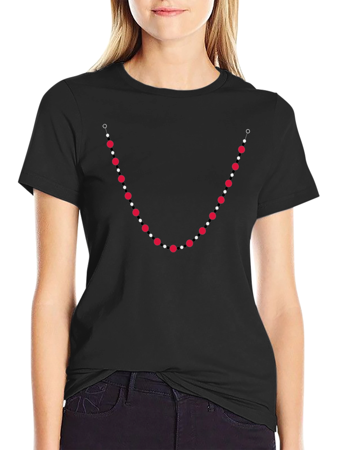 Unique Bead Necklace Print Black T-Shirt