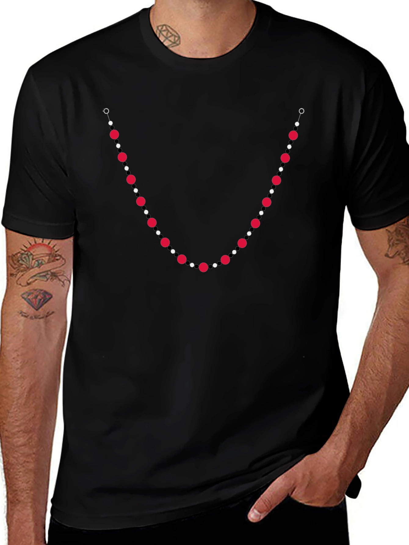 Unique Bead Necklace Print Black T-Shirt