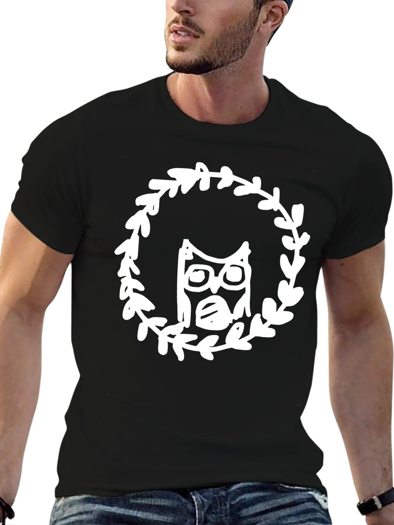 Owl Wreath Graphic Tee - Black Cotton Blend T-Shirt