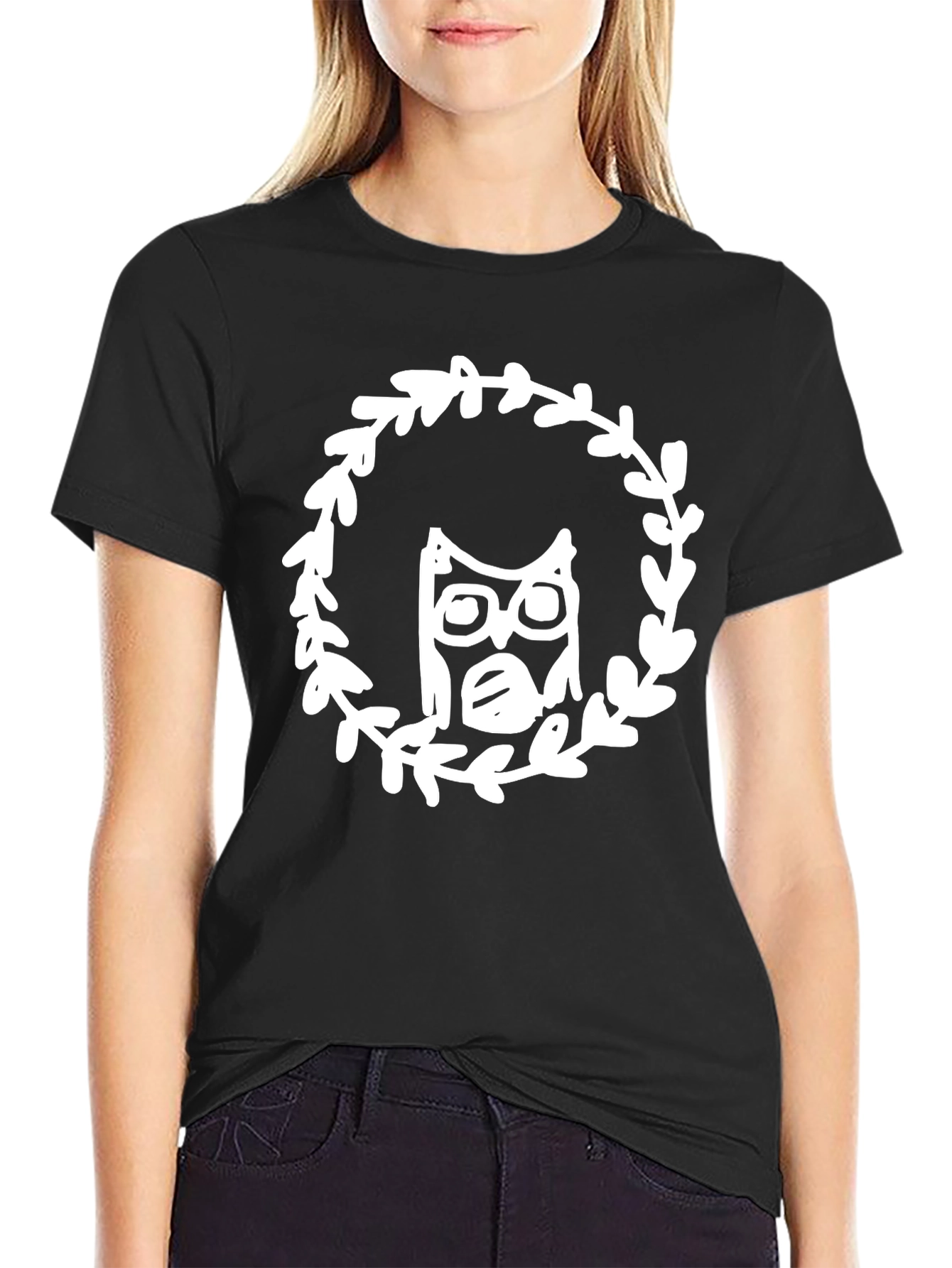 Owl Wreath Graphic Tee - Black Cotton Blend T-Shirt