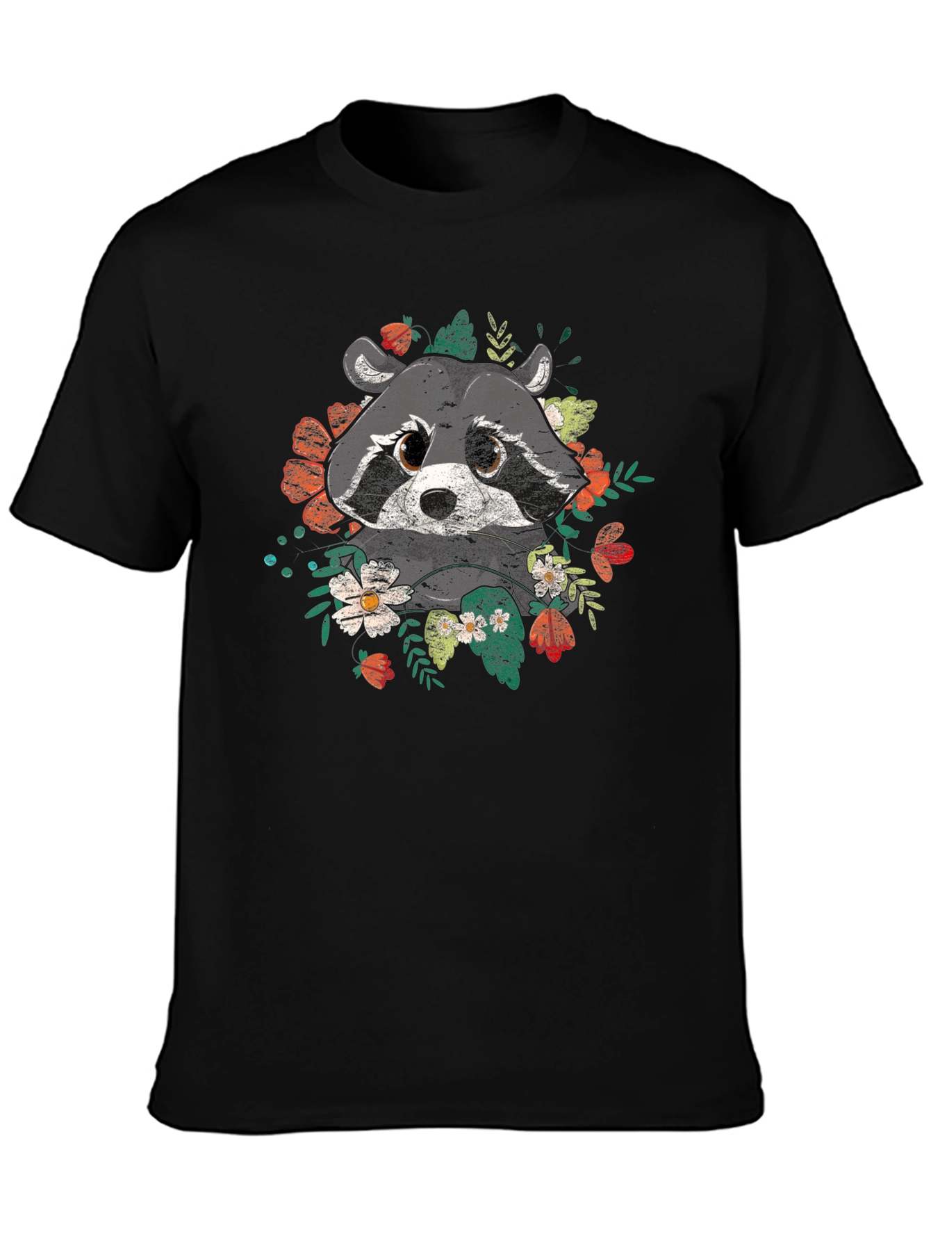 Raccoon Floral Graphic Black T-Shirt
