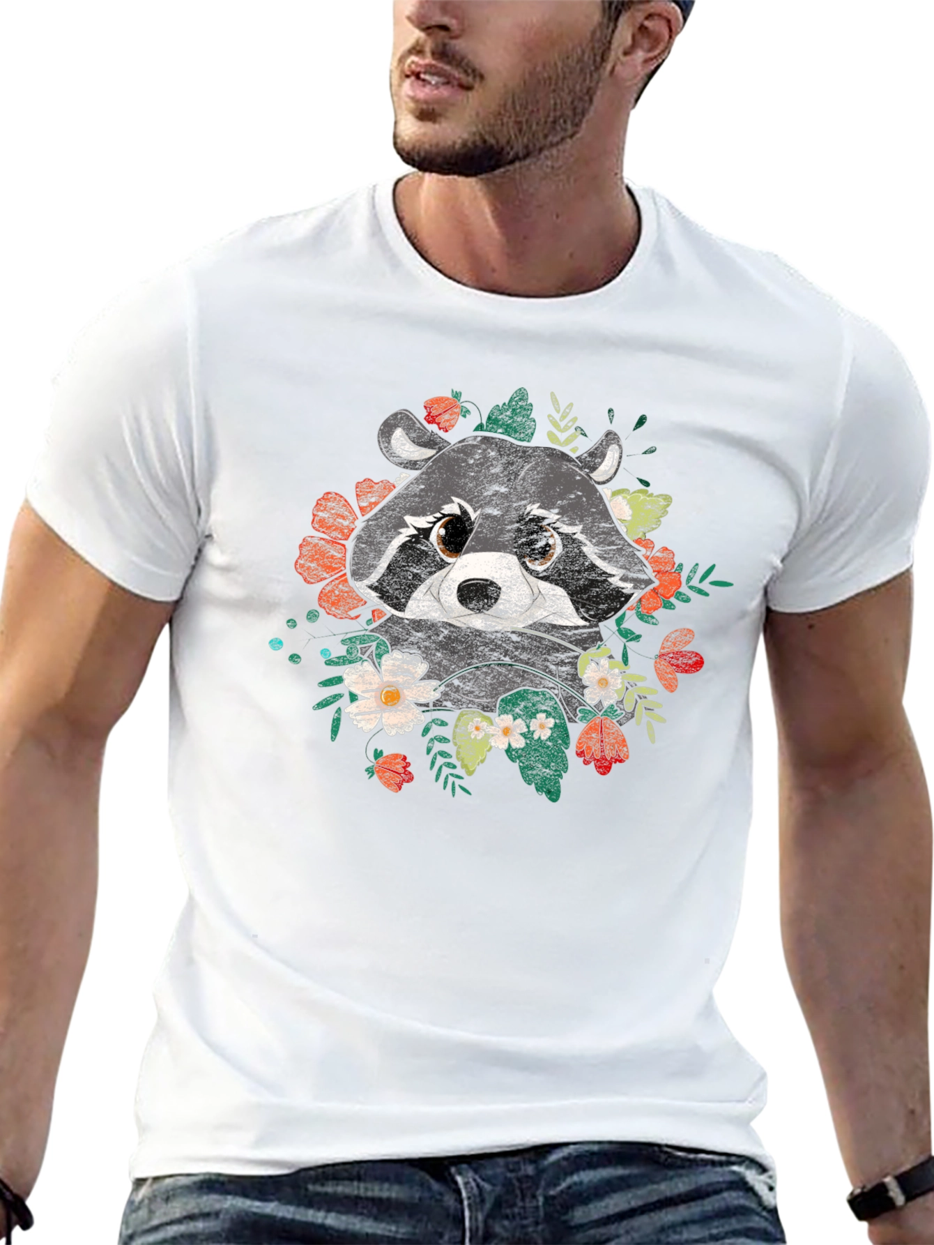 Raccoon Floral Graphic Black T-Shirt