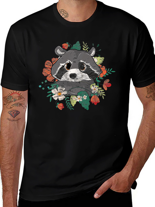 Raccoon Floral Graphic Black T-Shirt