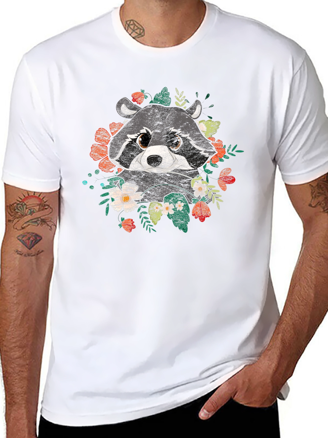 Raccoon Floral Graphic Black T-Shirt