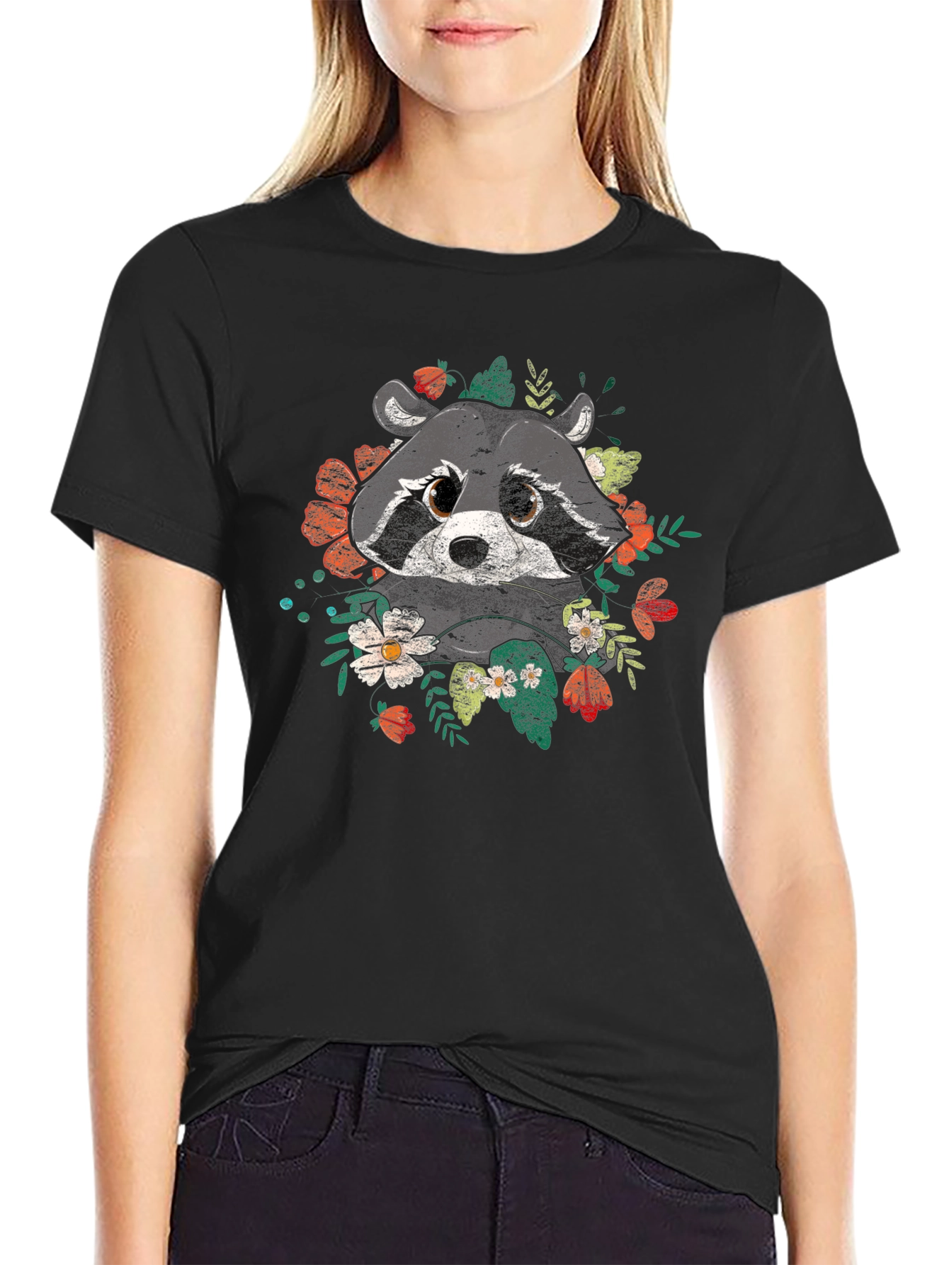 Raccoon Floral Graphic Black T-Shirt