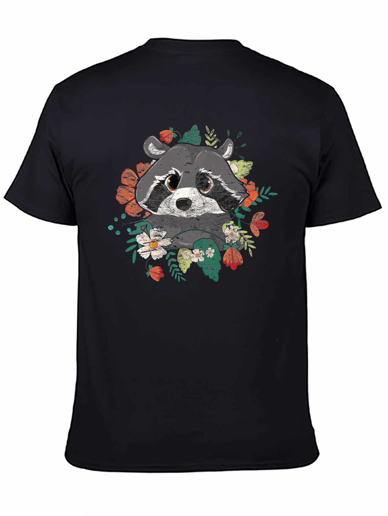 Raccoon Floral Graphic Black T-Shirt