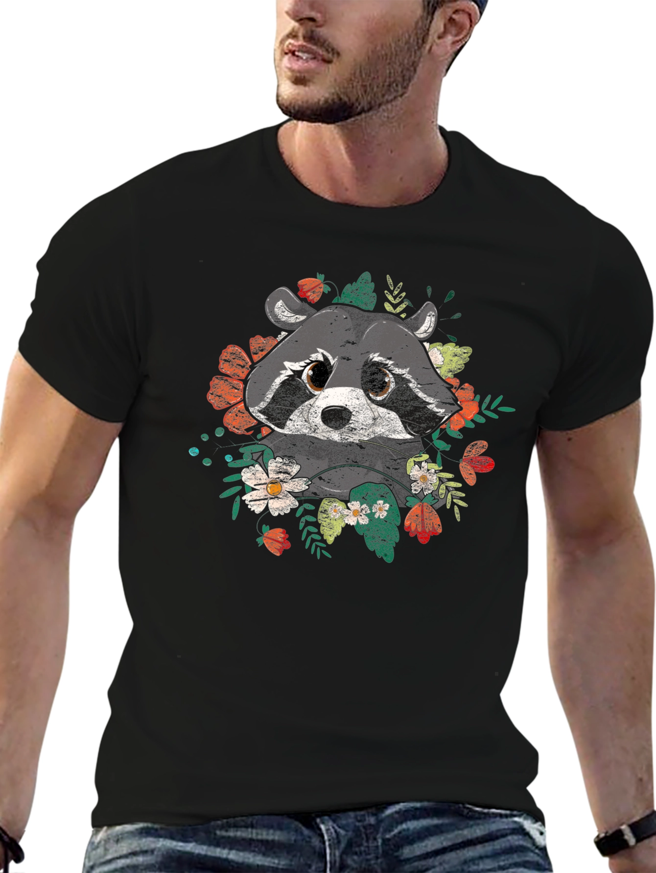 Raccoon Floral Graphic Black T-Shirt