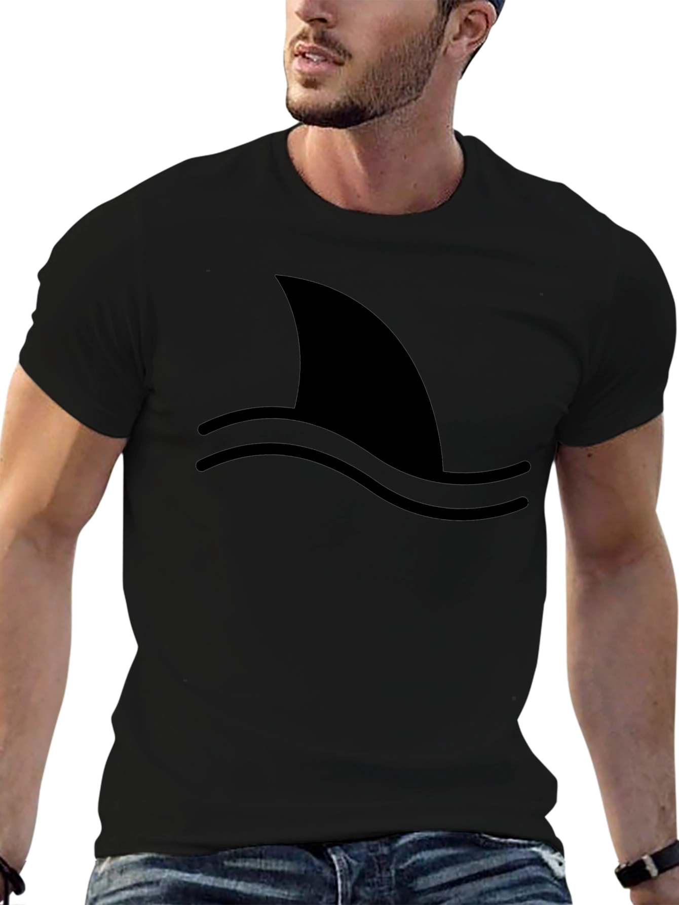 Shark Fin Graphic Tee - Black Cotton T-Shirt