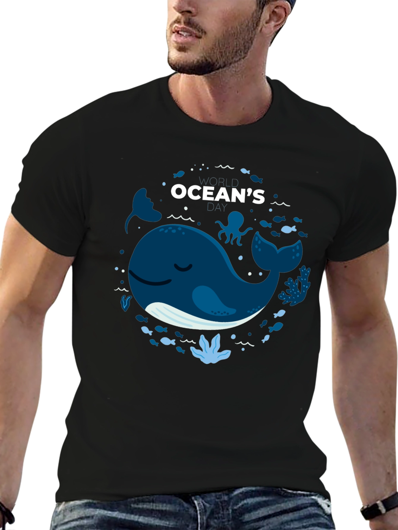 Oceans Whale Graphic Print Black T-Shirt