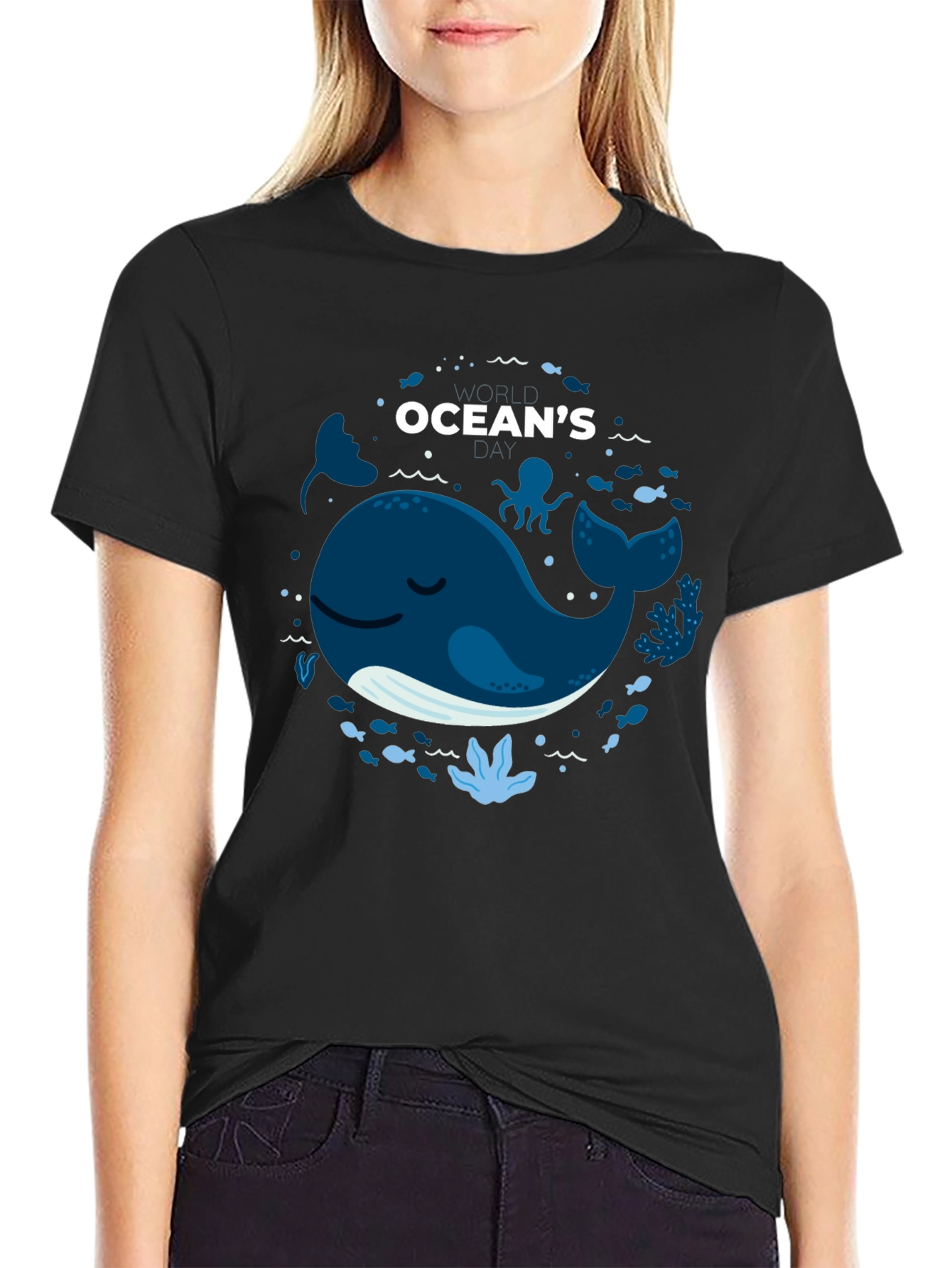 Oceans Whale Graphic Print Black T-Shirt