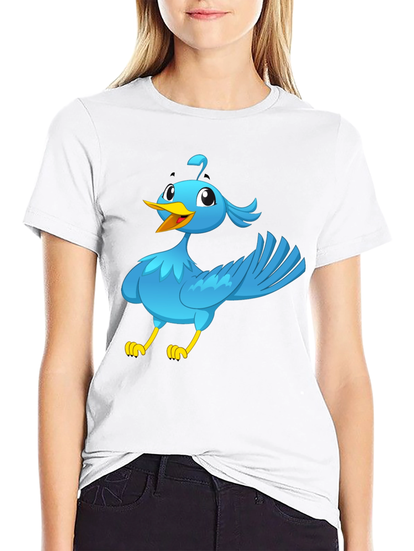 Cartoon Bird Graphic Tee - Black Cotton T-Shirt