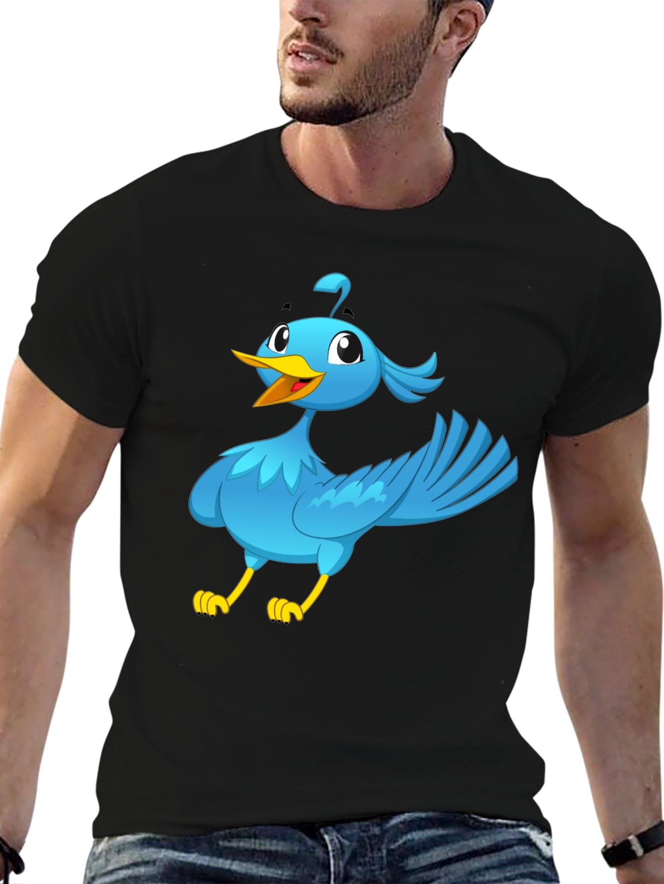 Cartoon Bird Graphic Tee - Black Cotton T-Shirt