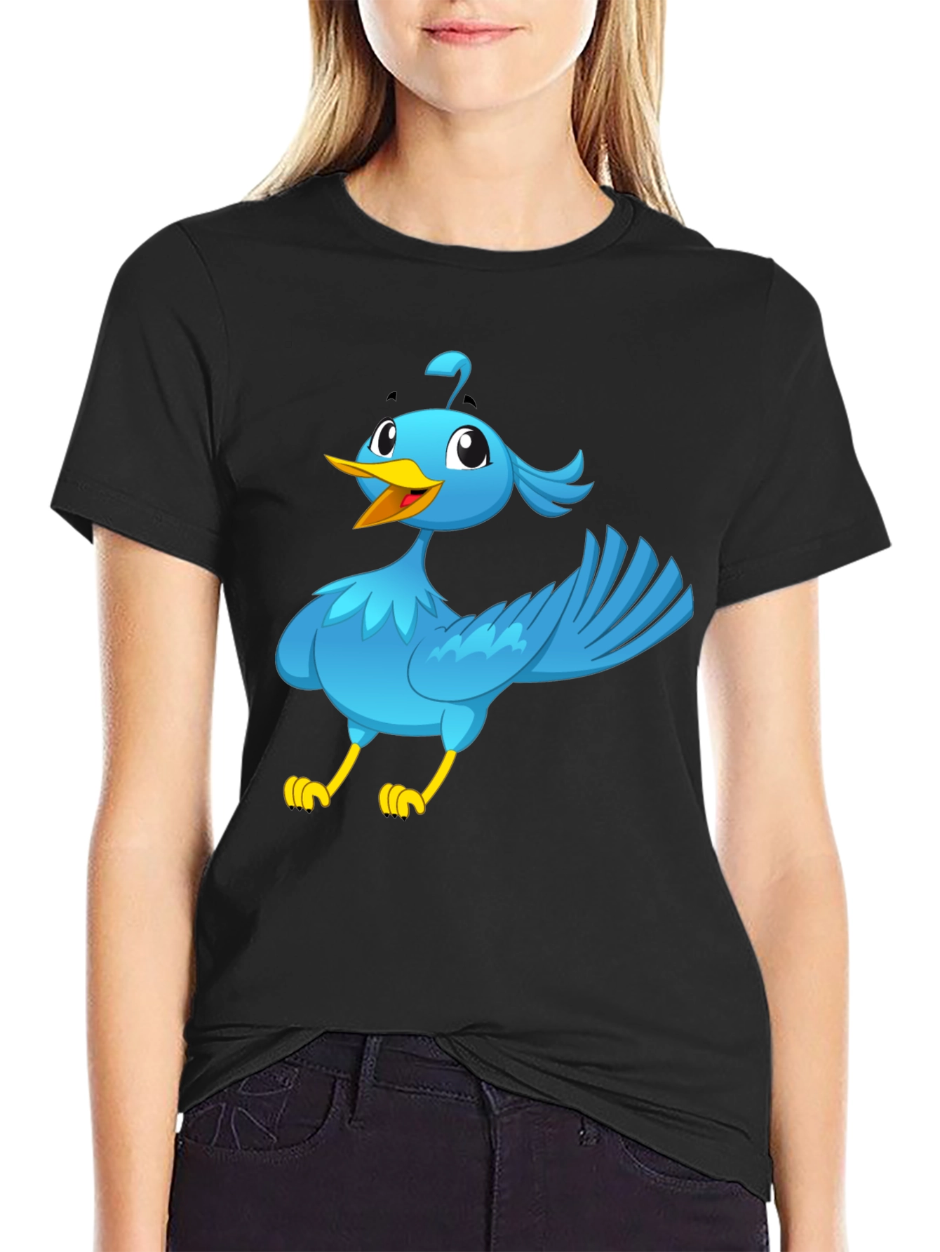 Cartoon Bird Graphic Tee - Black Cotton T-Shirt