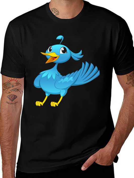 Cartoon Bird Graphic Tee - Black Cotton T-Shirt
