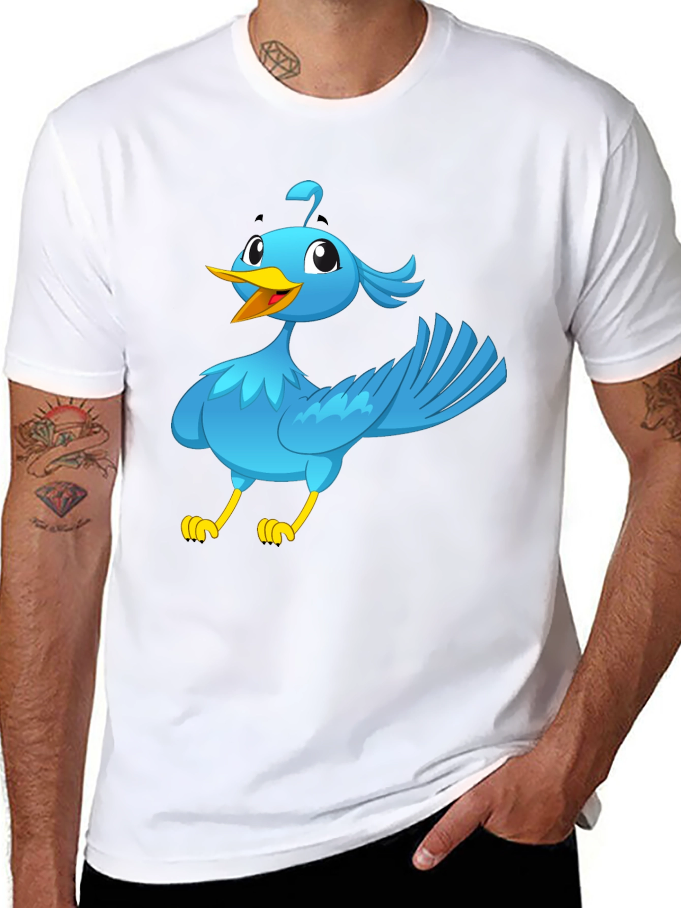 Cartoon Bird Graphic Tee - Black Cotton T-Shirt