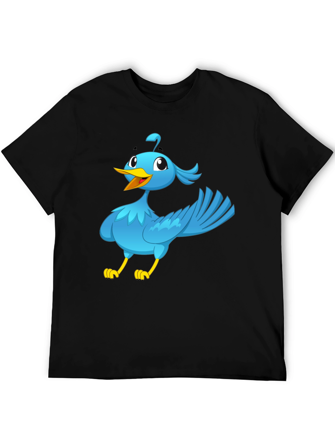Cartoon Bird Graphic Tee - Black Cotton T-Shirt
