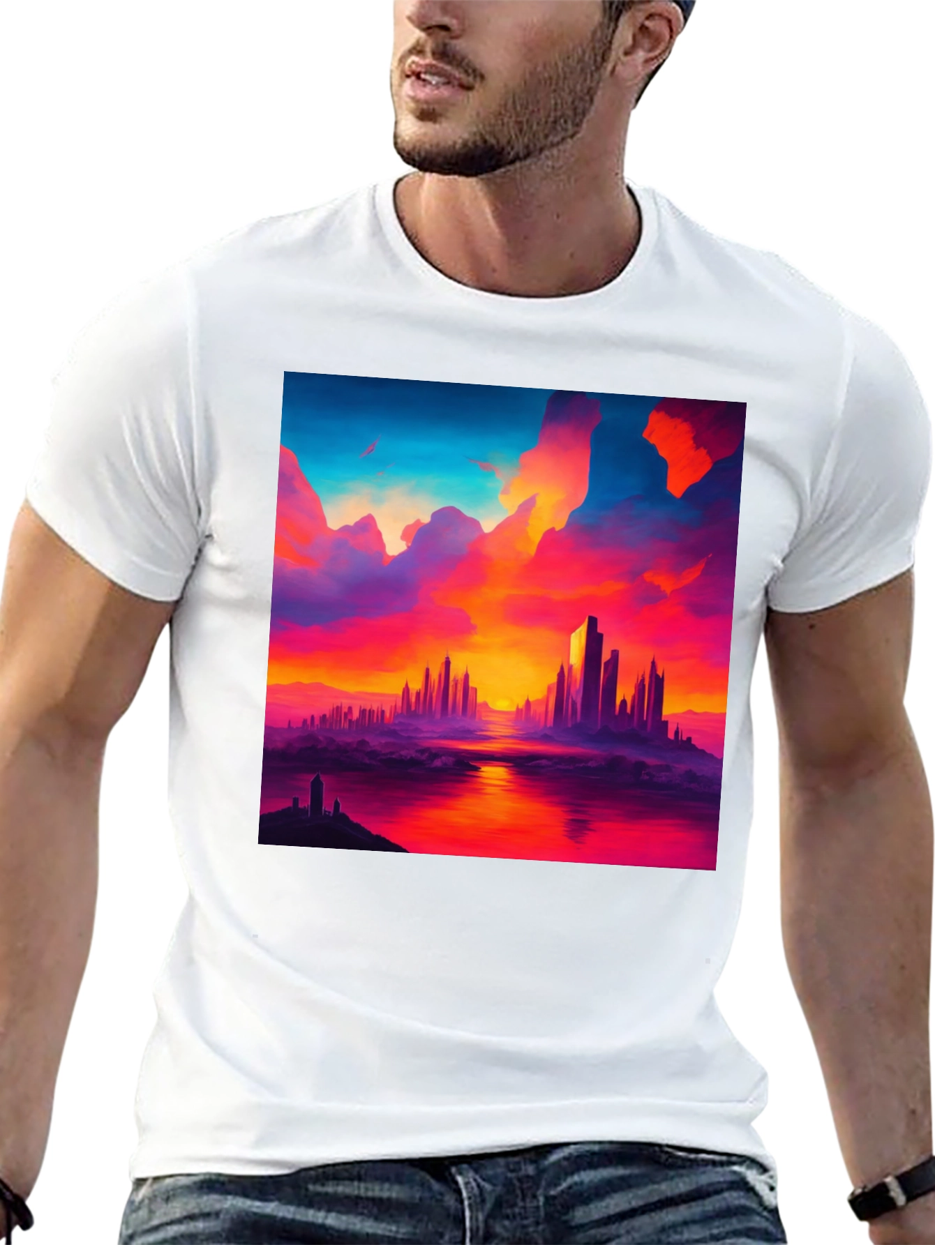 Sunset Cityscape Graphic Tee - Vibrant Black T-Shirt