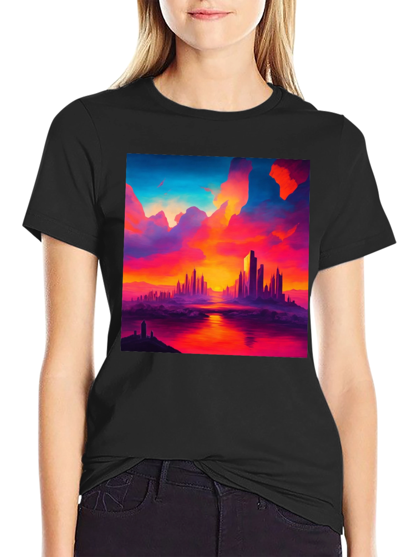 Sunset Cityscape Graphic Tee - Vibrant Black T-Shirt