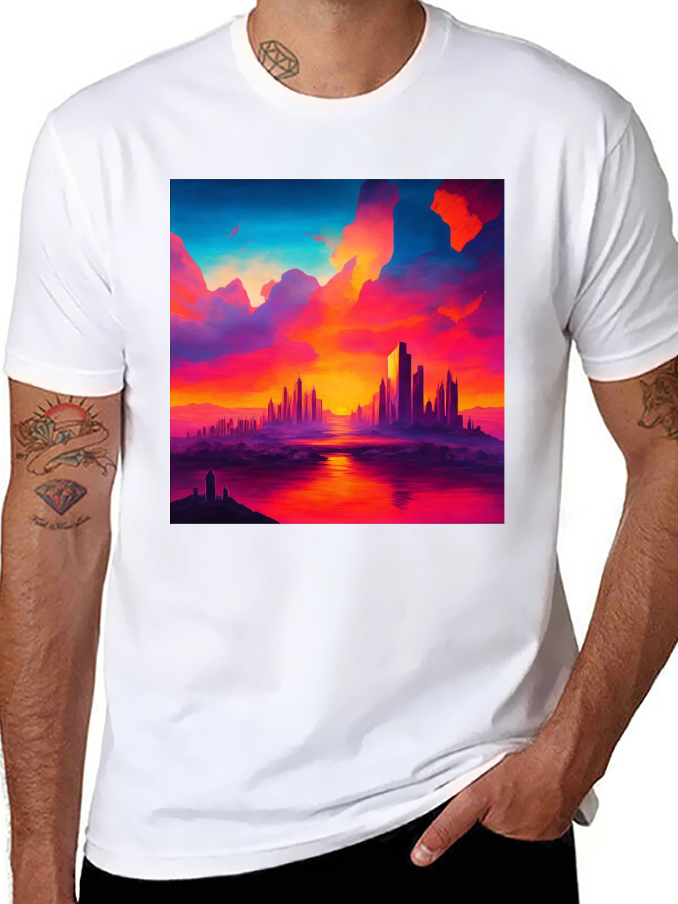 Sunset Cityscape Graphic Tee - Vibrant Black T-Shirt