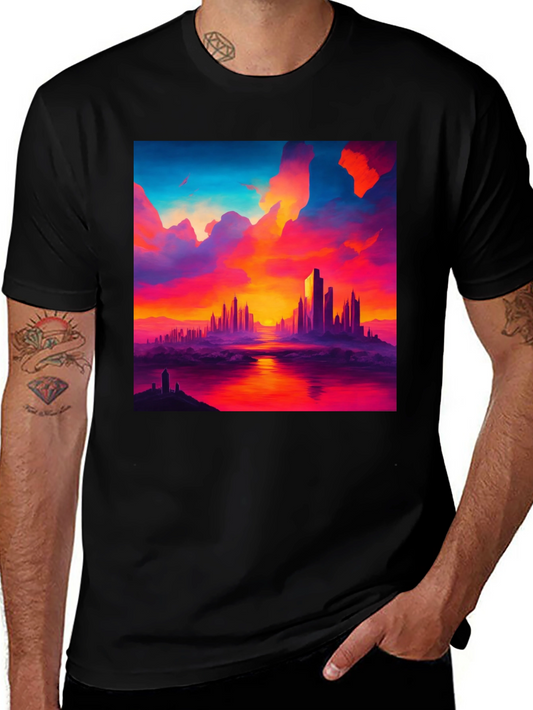 Sunset Cityscape Graphic Tee - Vibrant Black T-Shirt