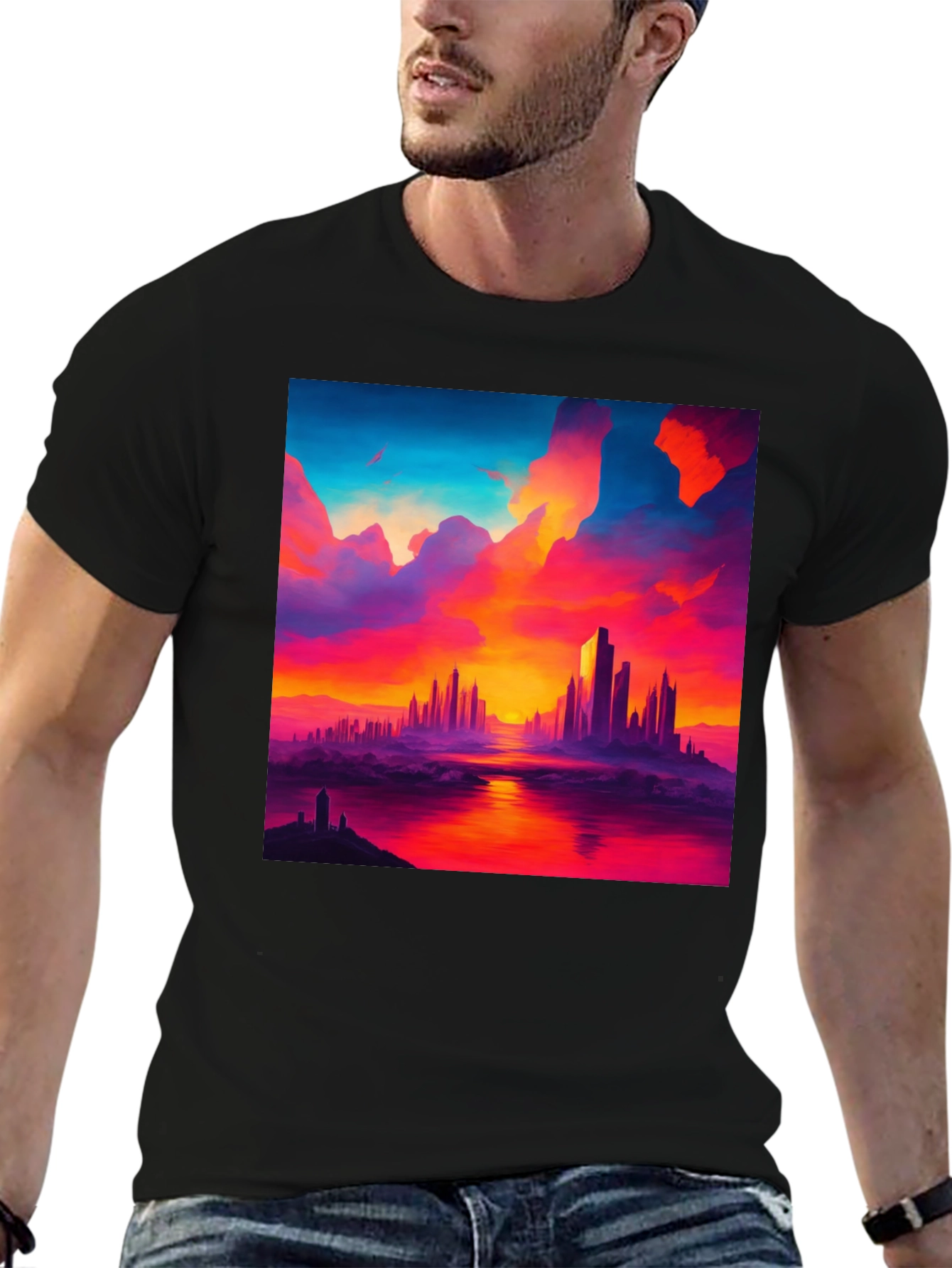 Sunset Cityscape Graphic Tee - Vibrant Black T-Shirt