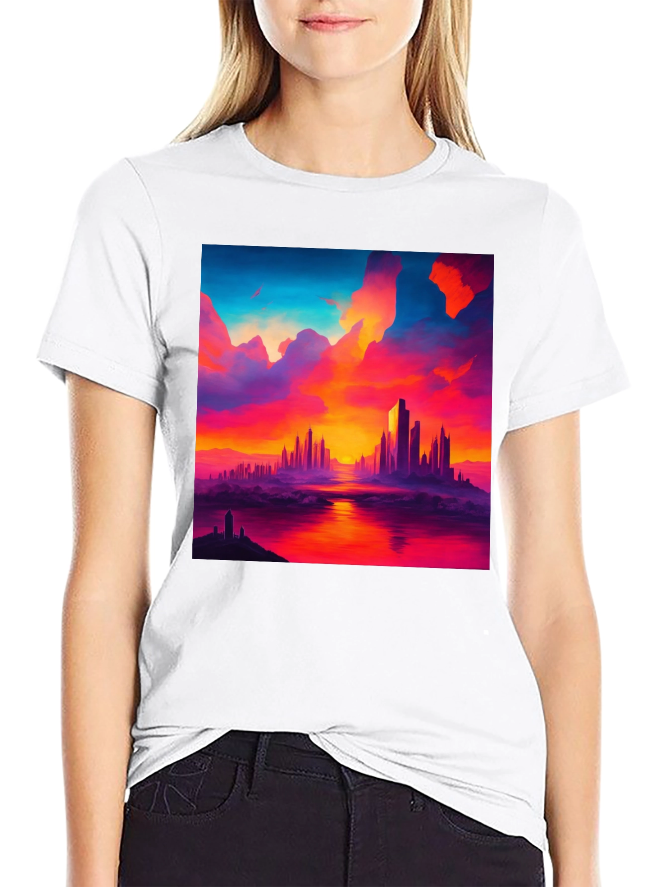 Sunset Cityscape Graphic Tee - Vibrant Black T-Shirt