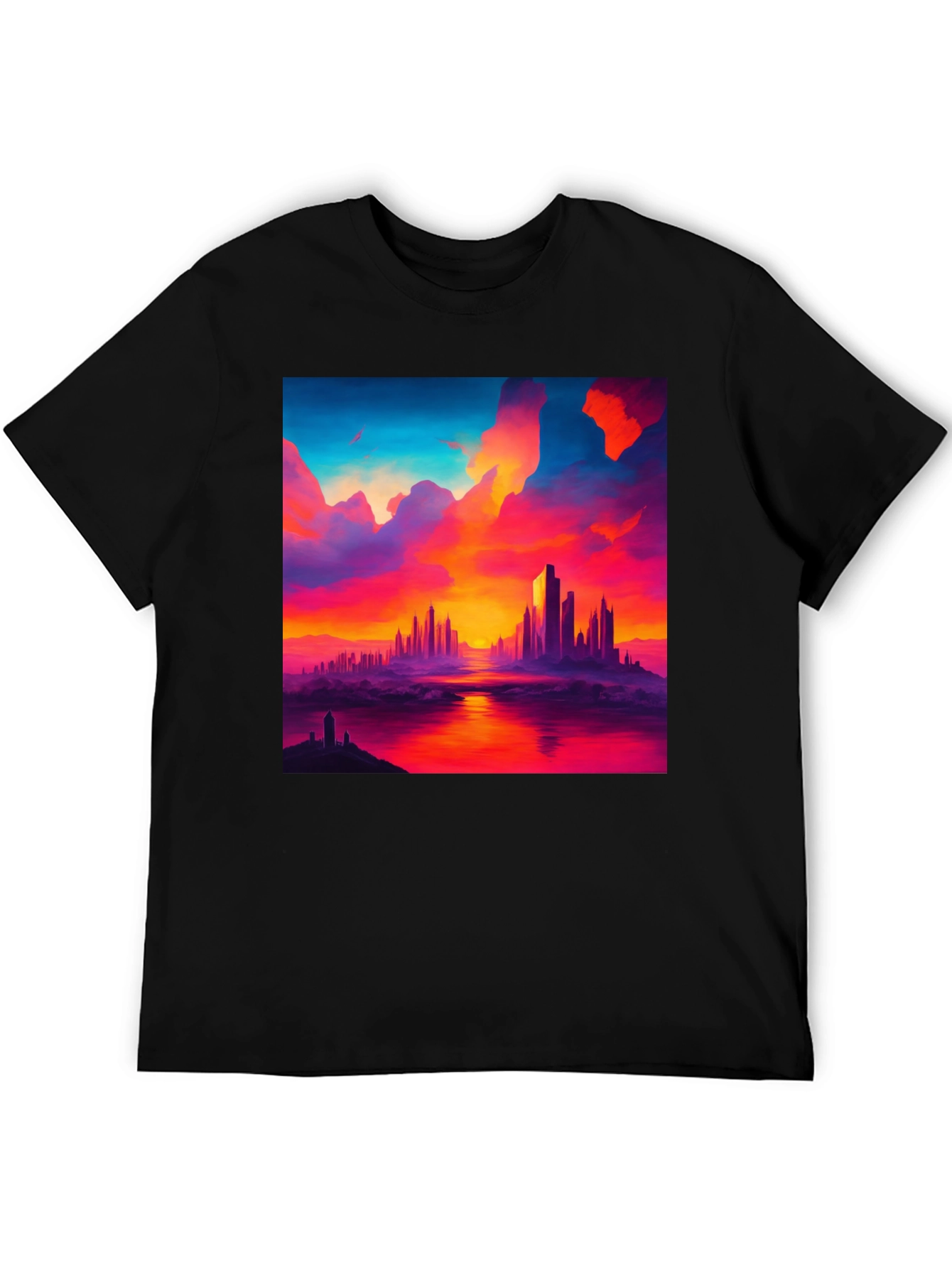 Sunset Cityscape Graphic Tee - Vibrant Black T-Shirt