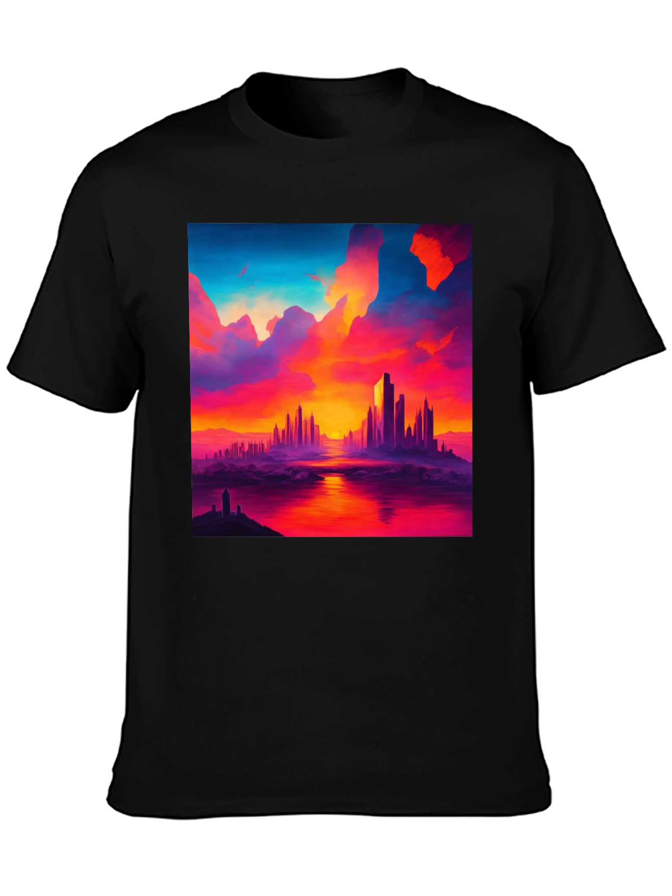 Sunset Cityscape Graphic Tee - Vibrant Black T-Shirt