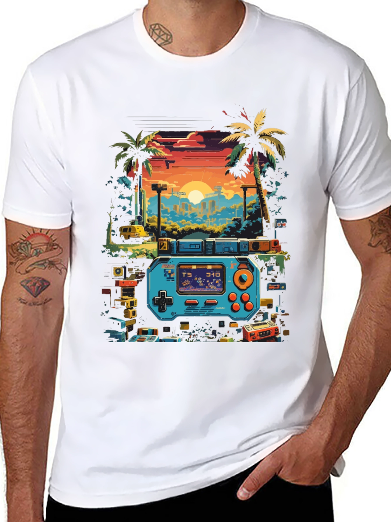 Retro Gaming T-Shirt: Pixel Sunset Design