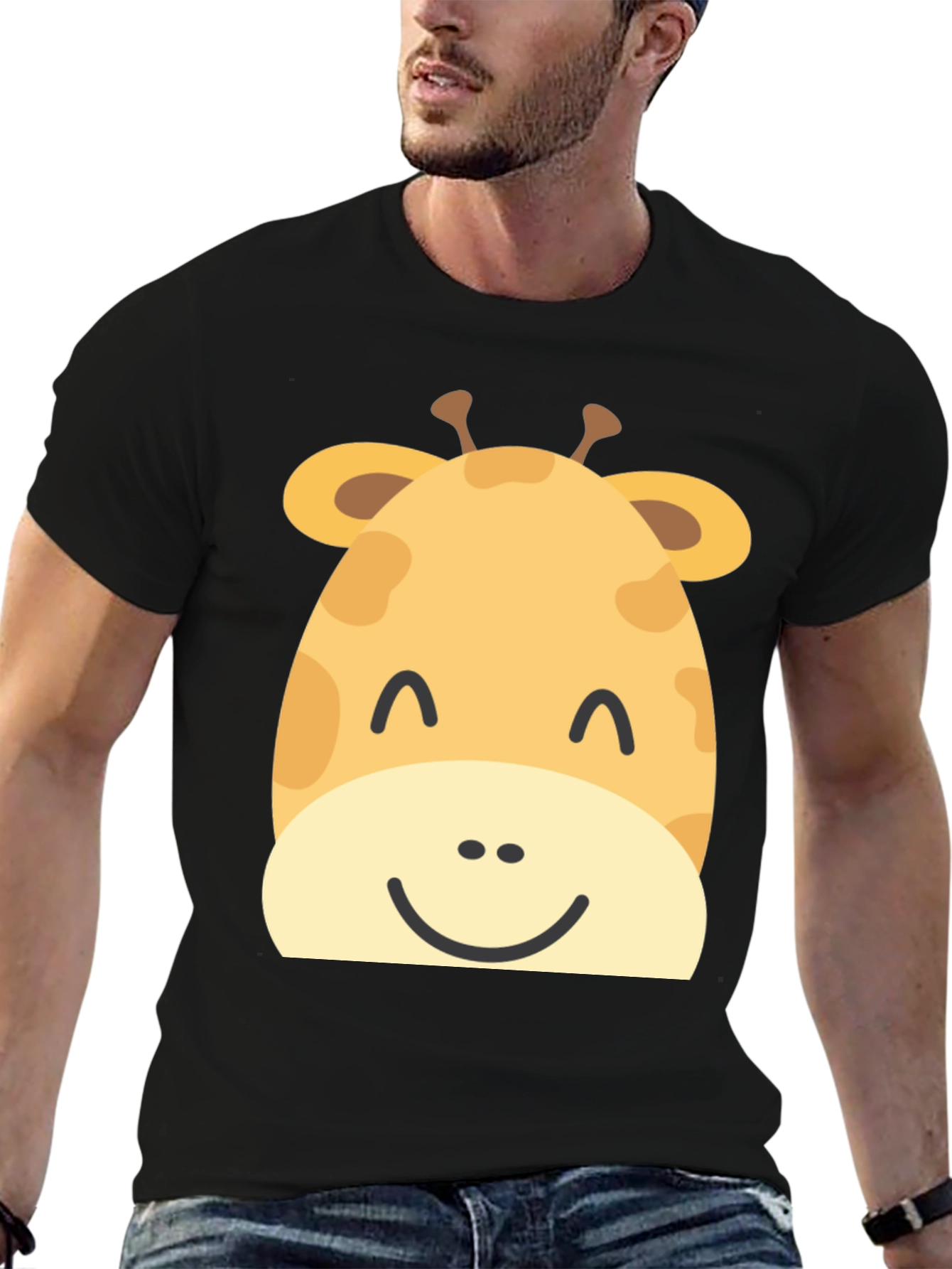 Cute Giraffe Graphic Print Black T-Shirt