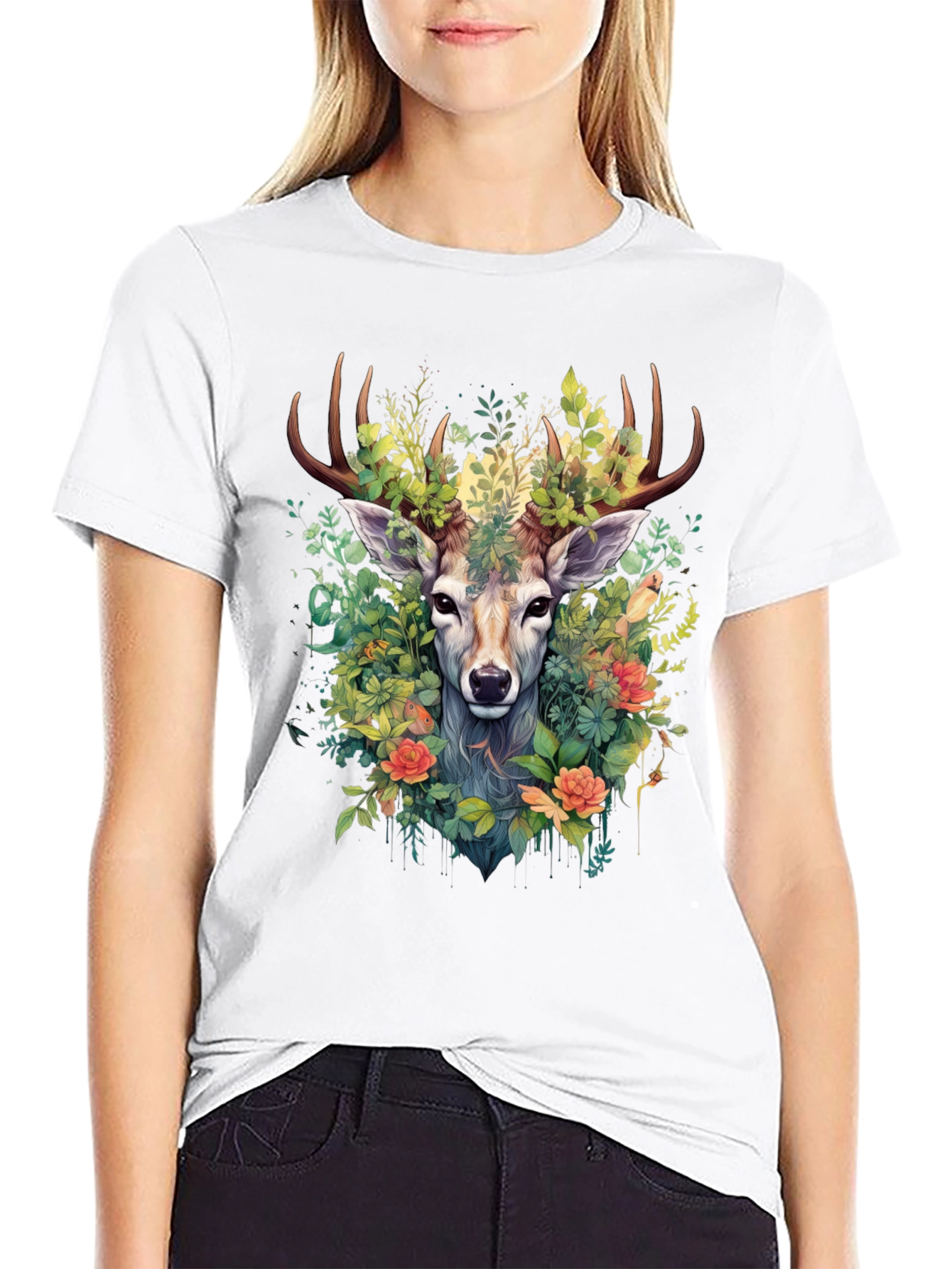 Botanical Deer Graphic Tee - Nature Inspired Design