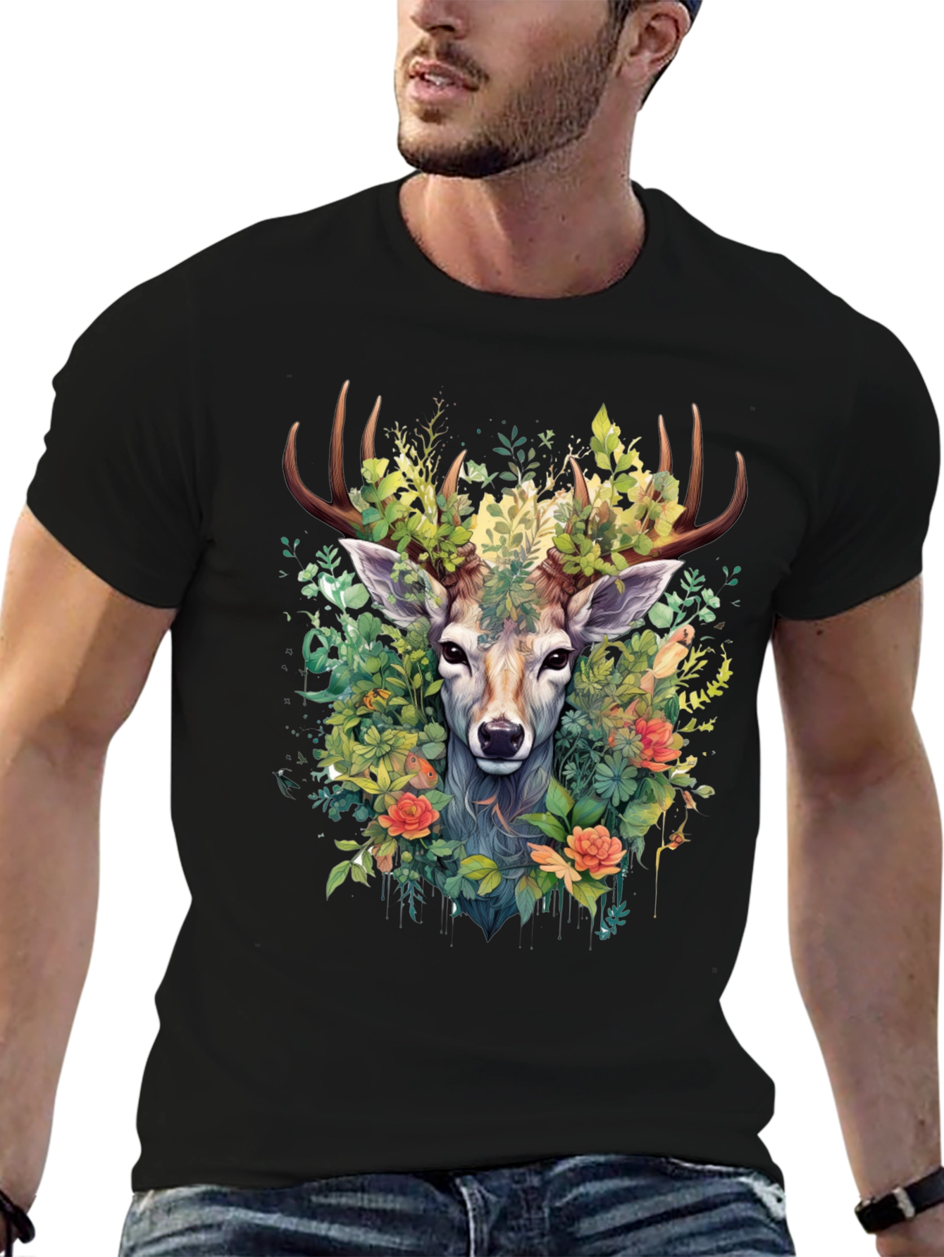 Botanical Deer Graphic Tee - Nature Inspired Design