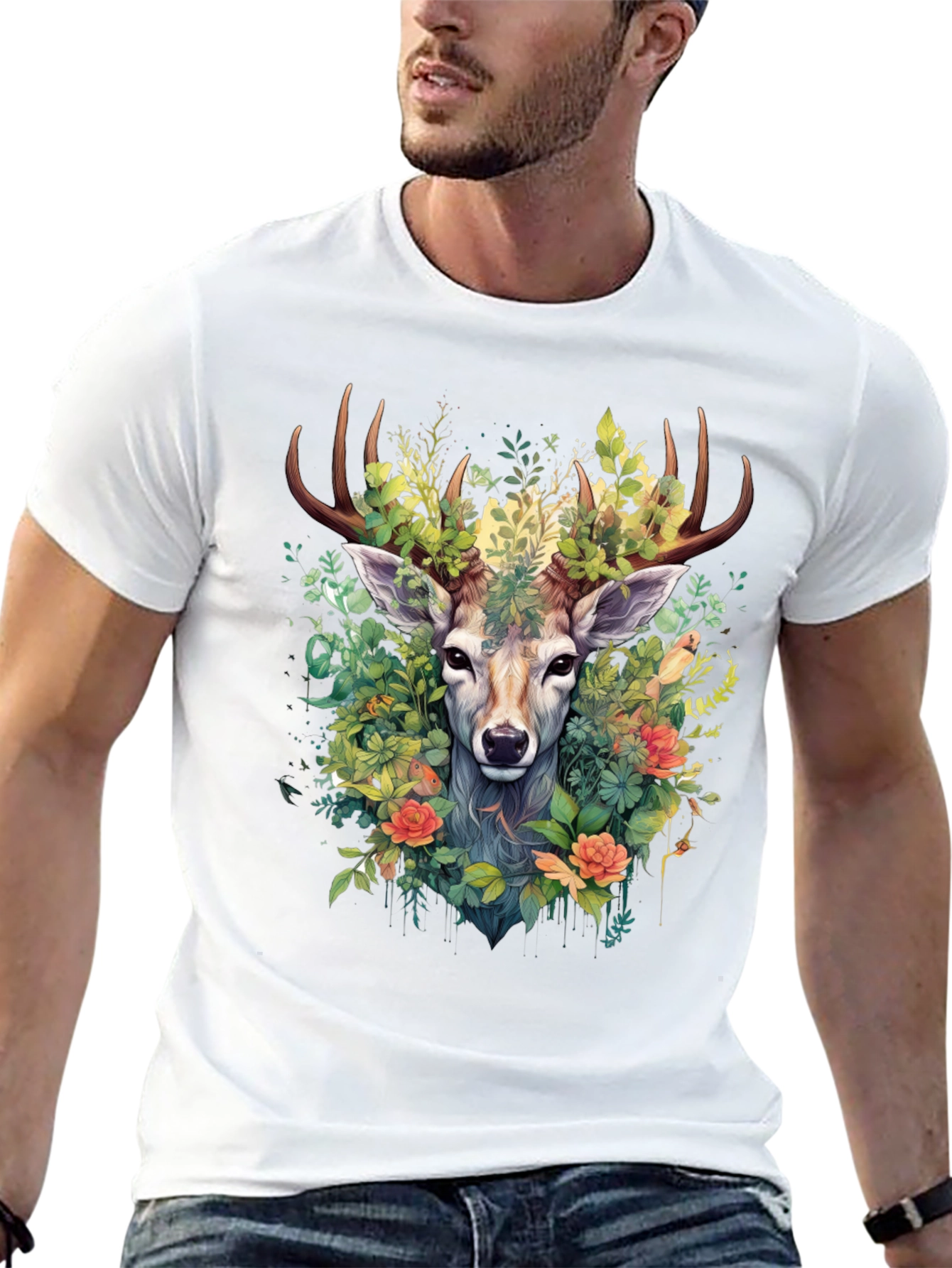 Botanical Deer Graphic Tee - Nature Inspired Design