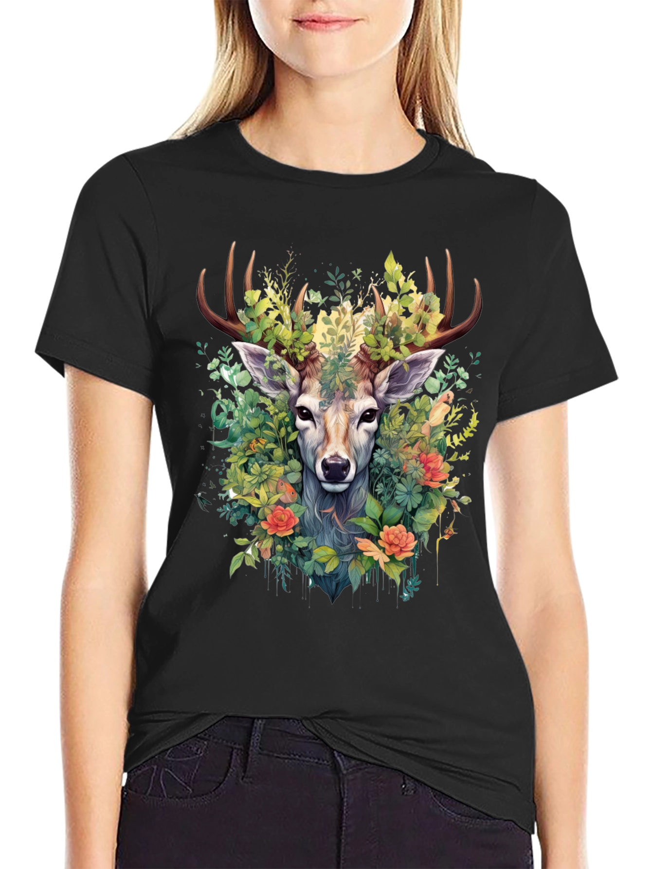 Botanical Deer Graphic Tee - Nature Inspired Design