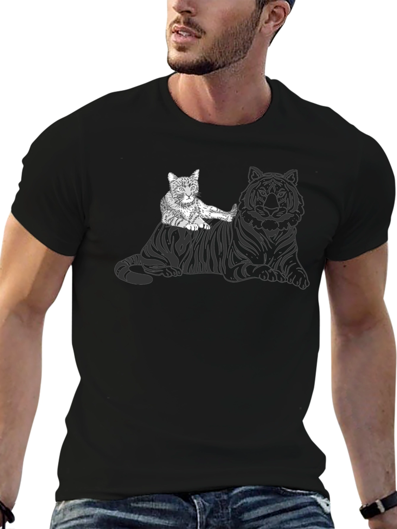 Cat Riding Tiger Graphic Tee - Unique Design