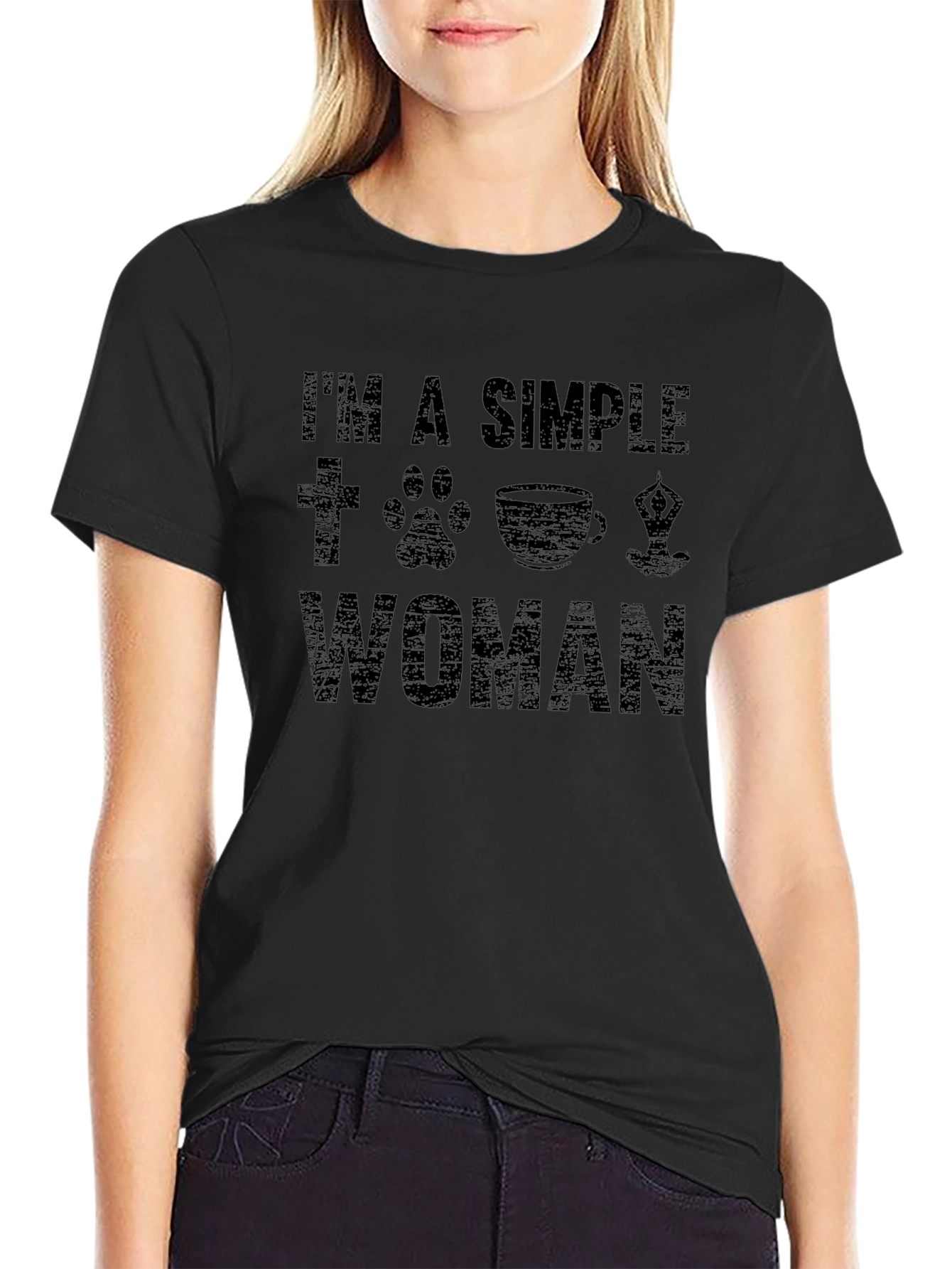 Simple Woman T-Shirt: Faith Dog Coffee Yoga