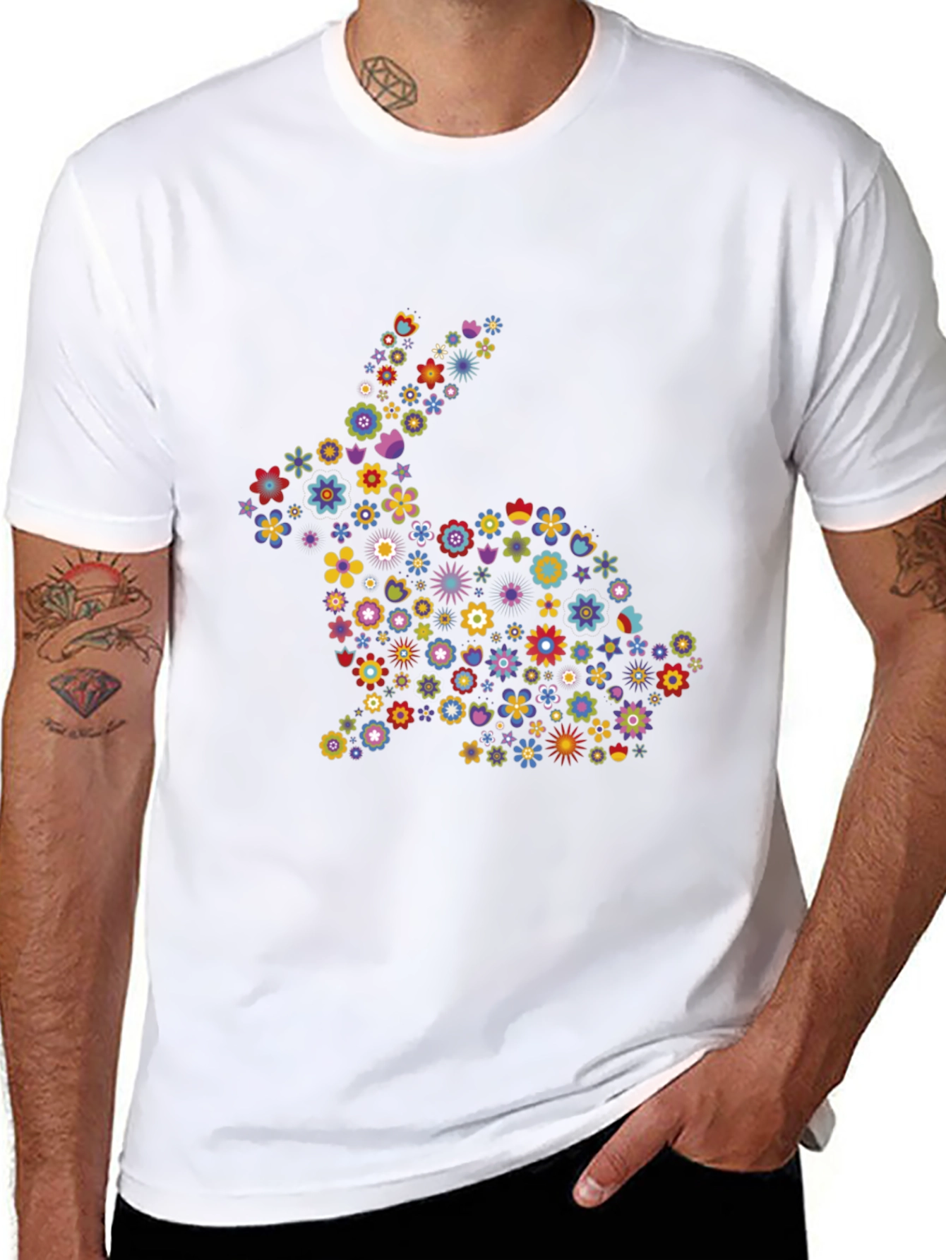 Floral Bunny Graphic Black T-Shirt