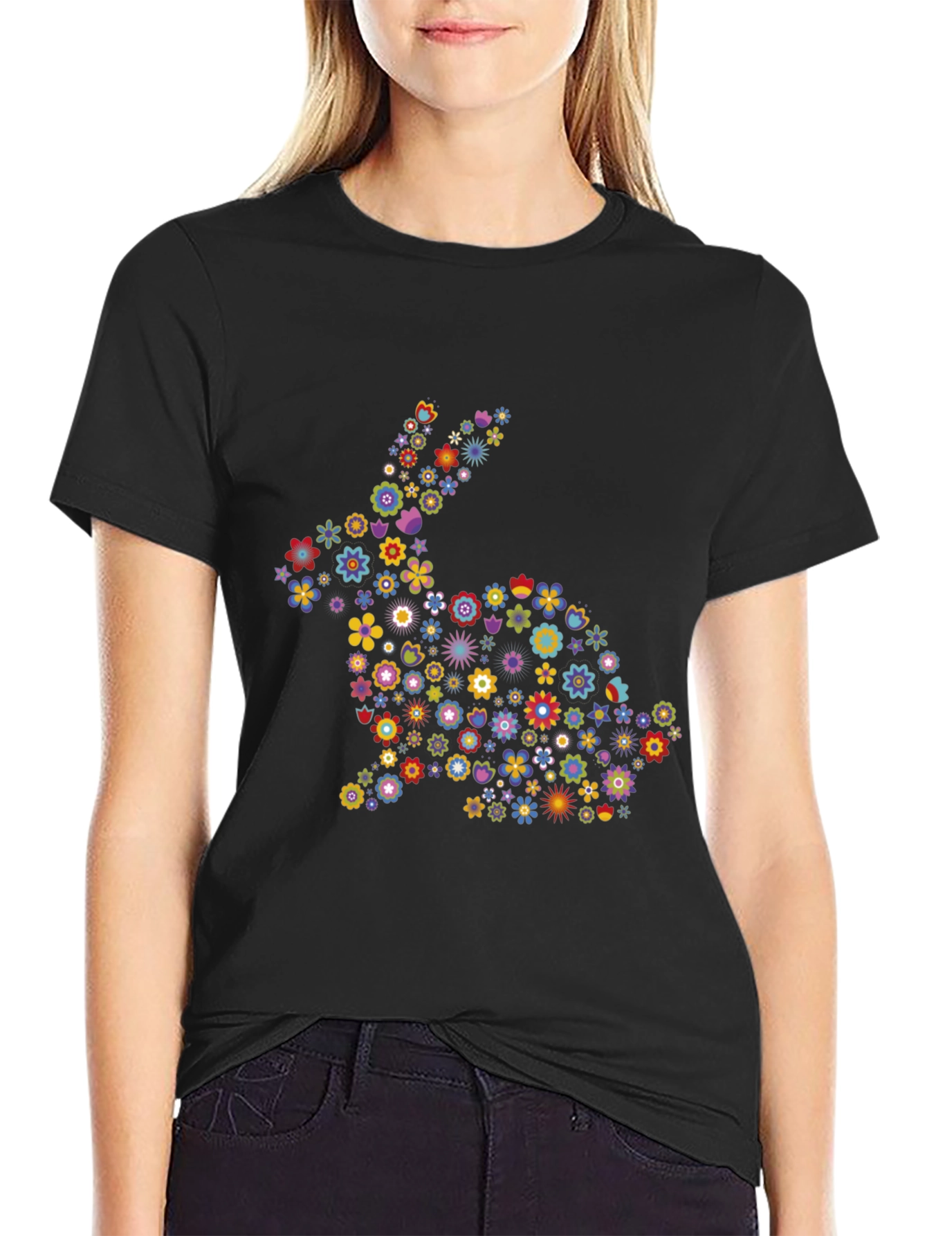 Floral Bunny Graphic Black T-Shirt