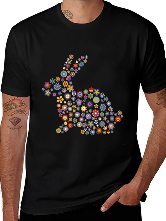 Floral Bunny Graphic Black T-Shirt