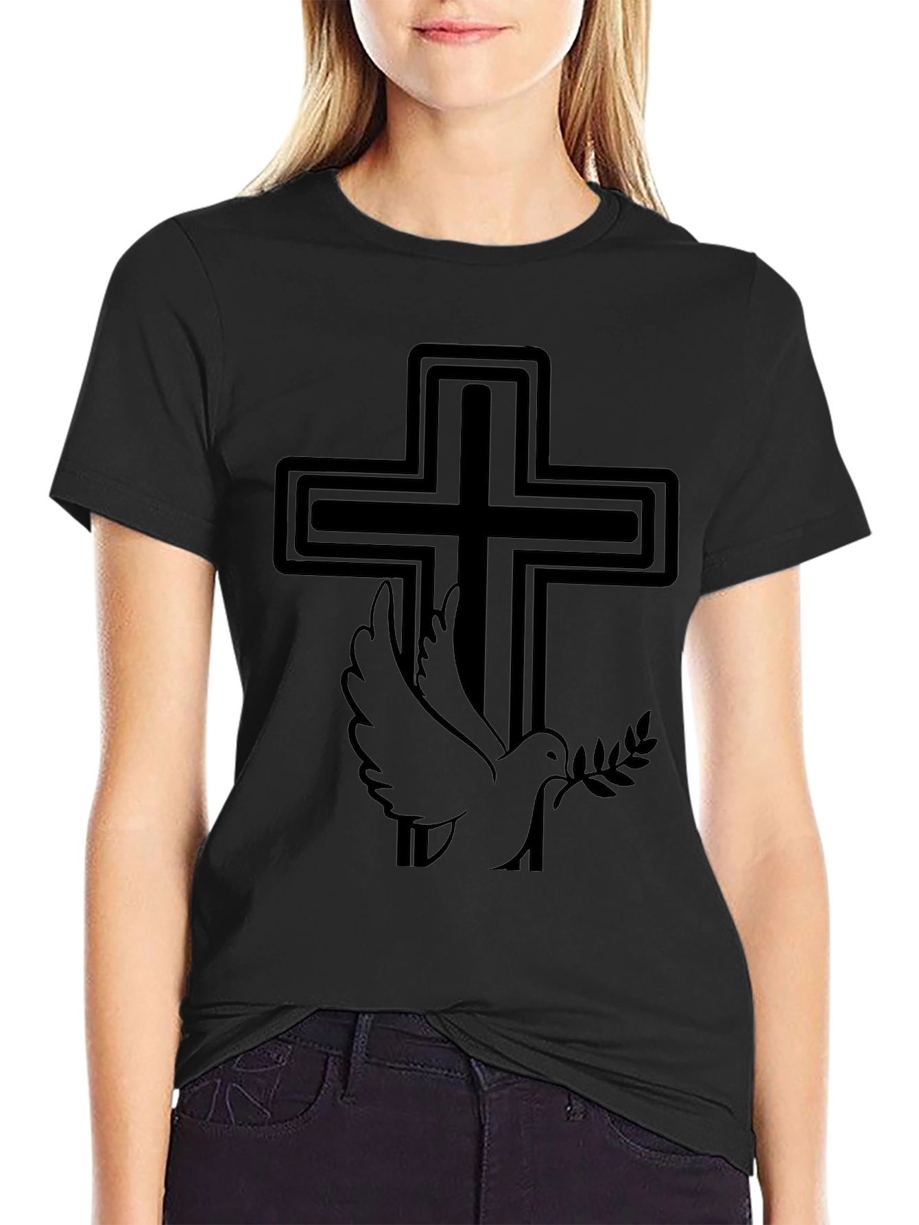 Dove and Cross Graphic Black T-Shirt