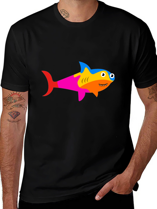 Shark Graphic Tee - Funky Rainbow Colors Black Cotton Shirt