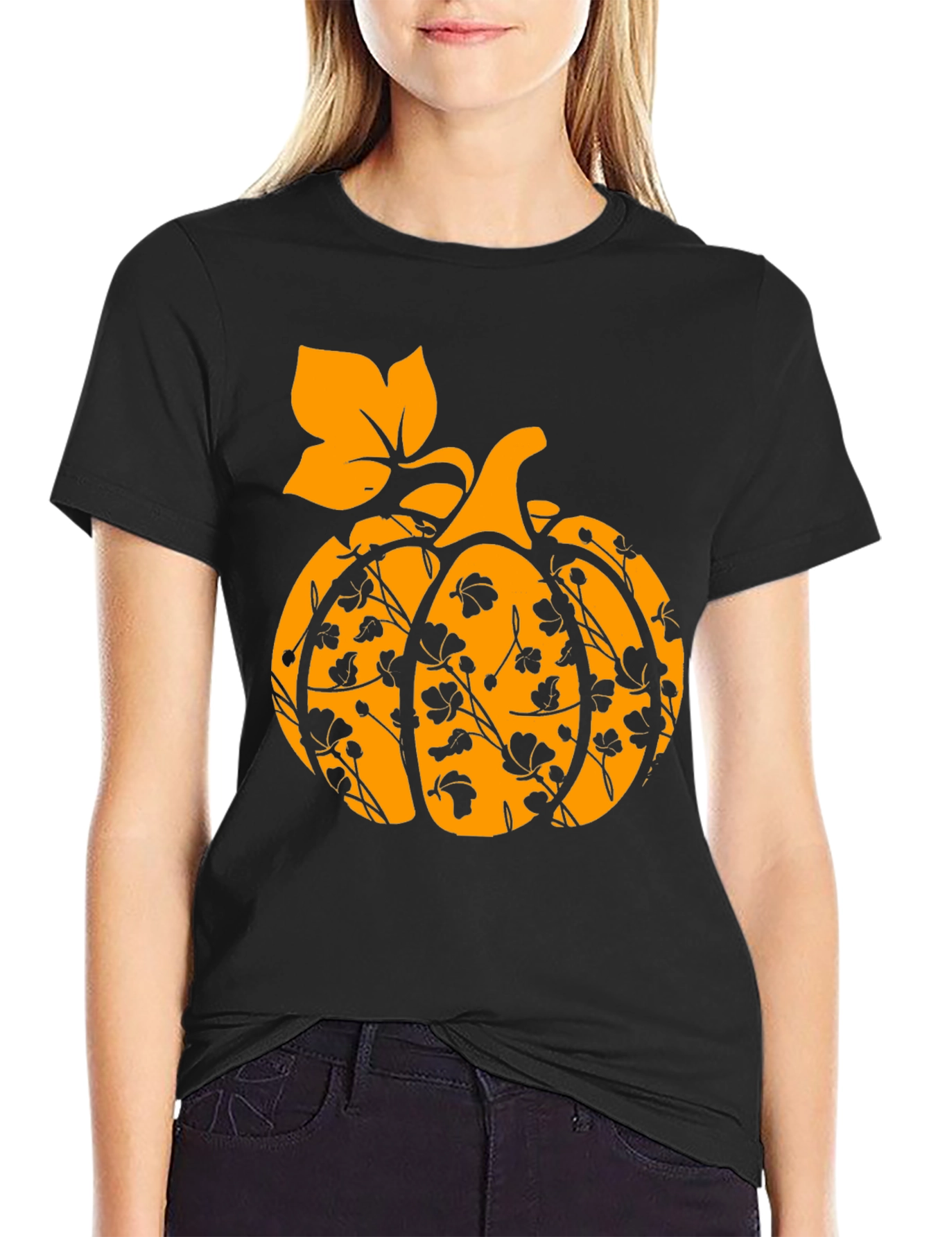 Fall Pumpkin Floral T-Shirt - Black