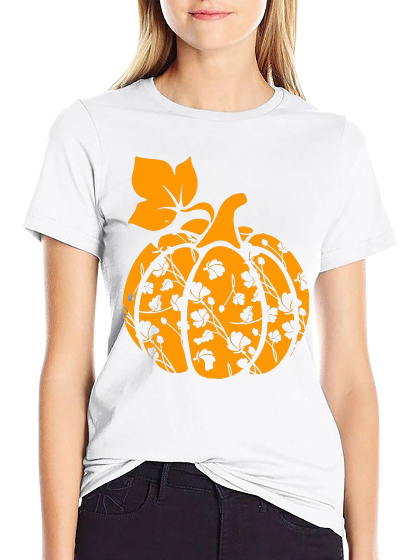 Fall Pumpkin Floral T-Shirt - Black
