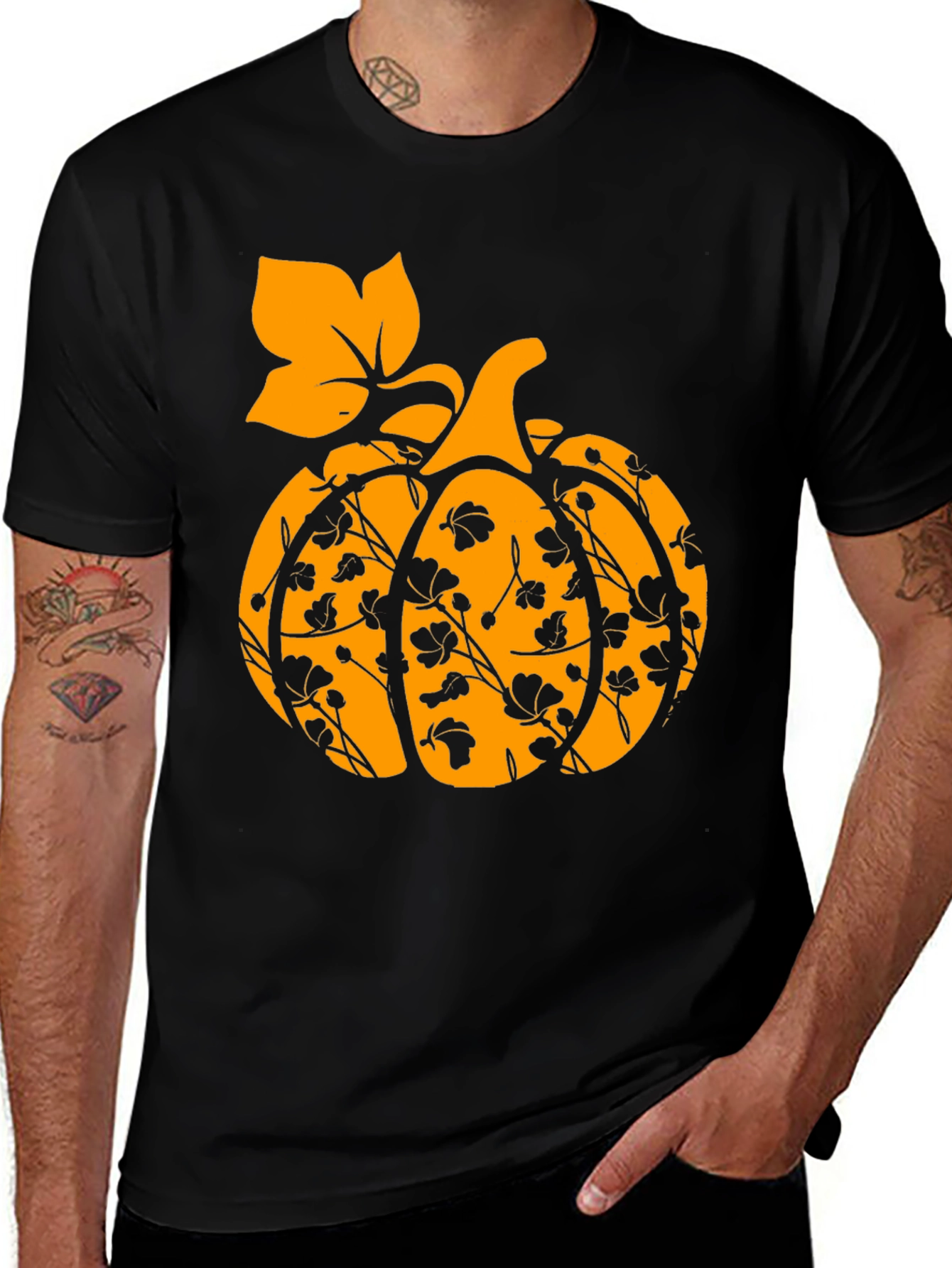 Fall Pumpkin Floral T-Shirt - Black