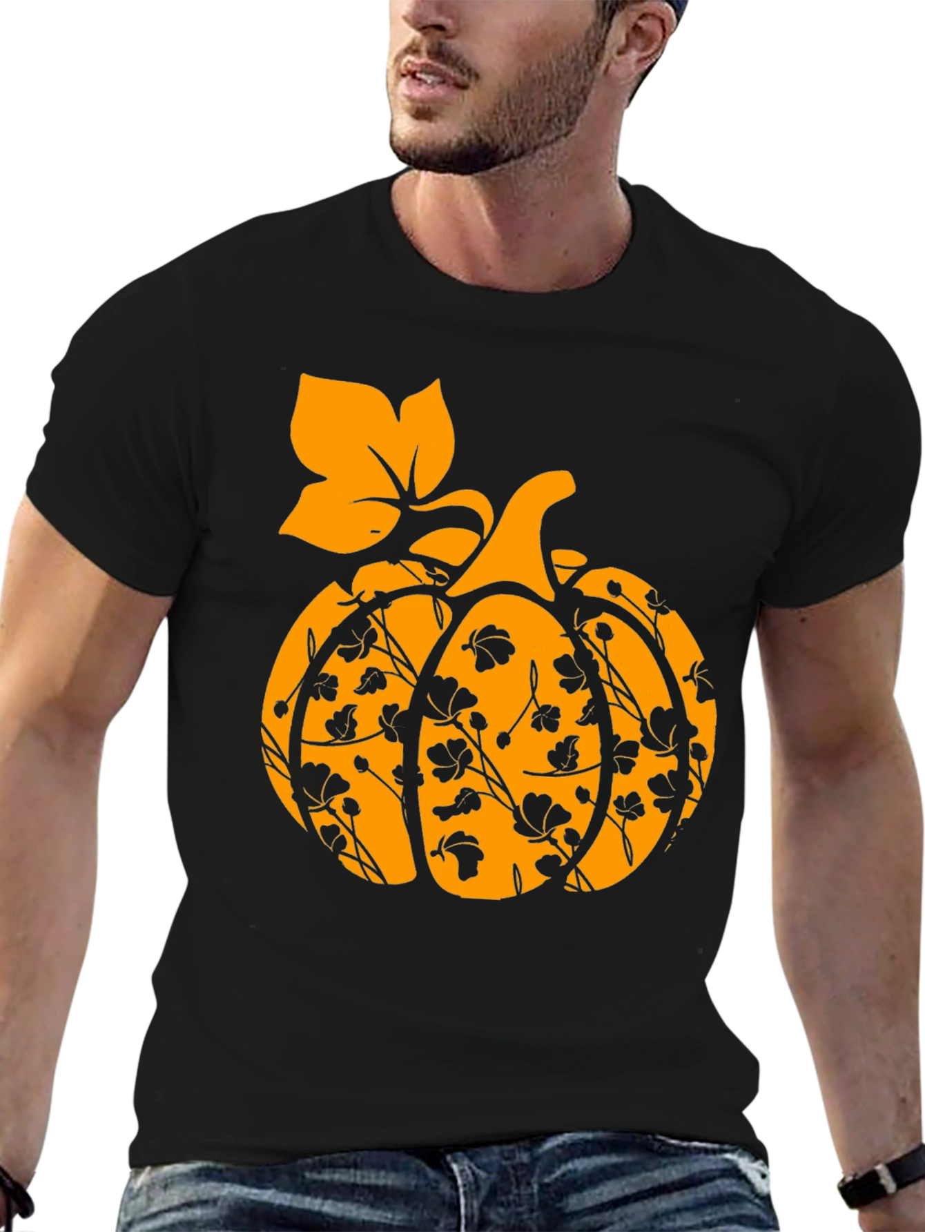 Fall Pumpkin Floral T-Shirt - Black