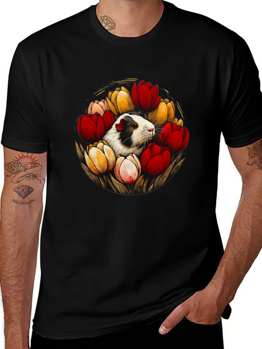 Guinea Pig in Tulips Graphic Tee - Black Cotton Blend